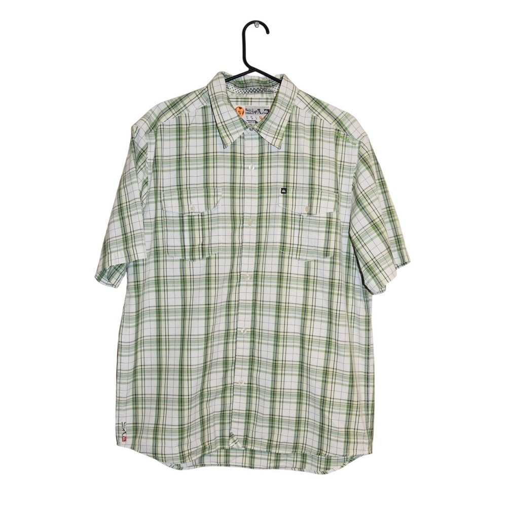 Quiksilver Button Down Shirt Mens XL Green Plaid Excellent Short Sleeve N109564